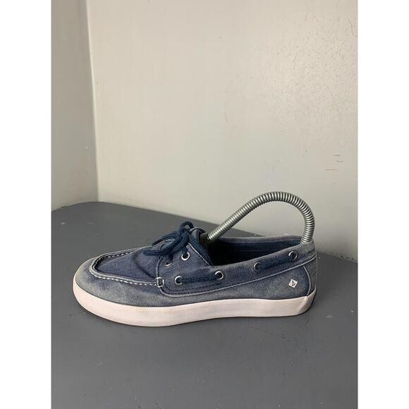 Sperry Boys Blue Canvas Boat Shoes Size 3.5 With White Rubber Sole - Picture 6 of 8